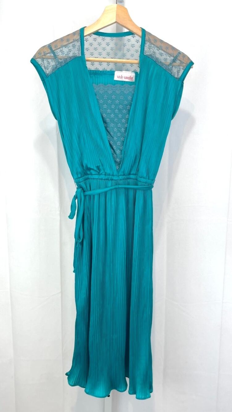 VICKY VAUGHN Junior Vintage Pleated Dress Sleeveless Lace Trim Teal Green EST XS